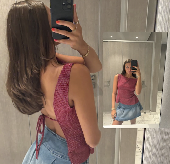 Red top and denim skirt mirror selfie